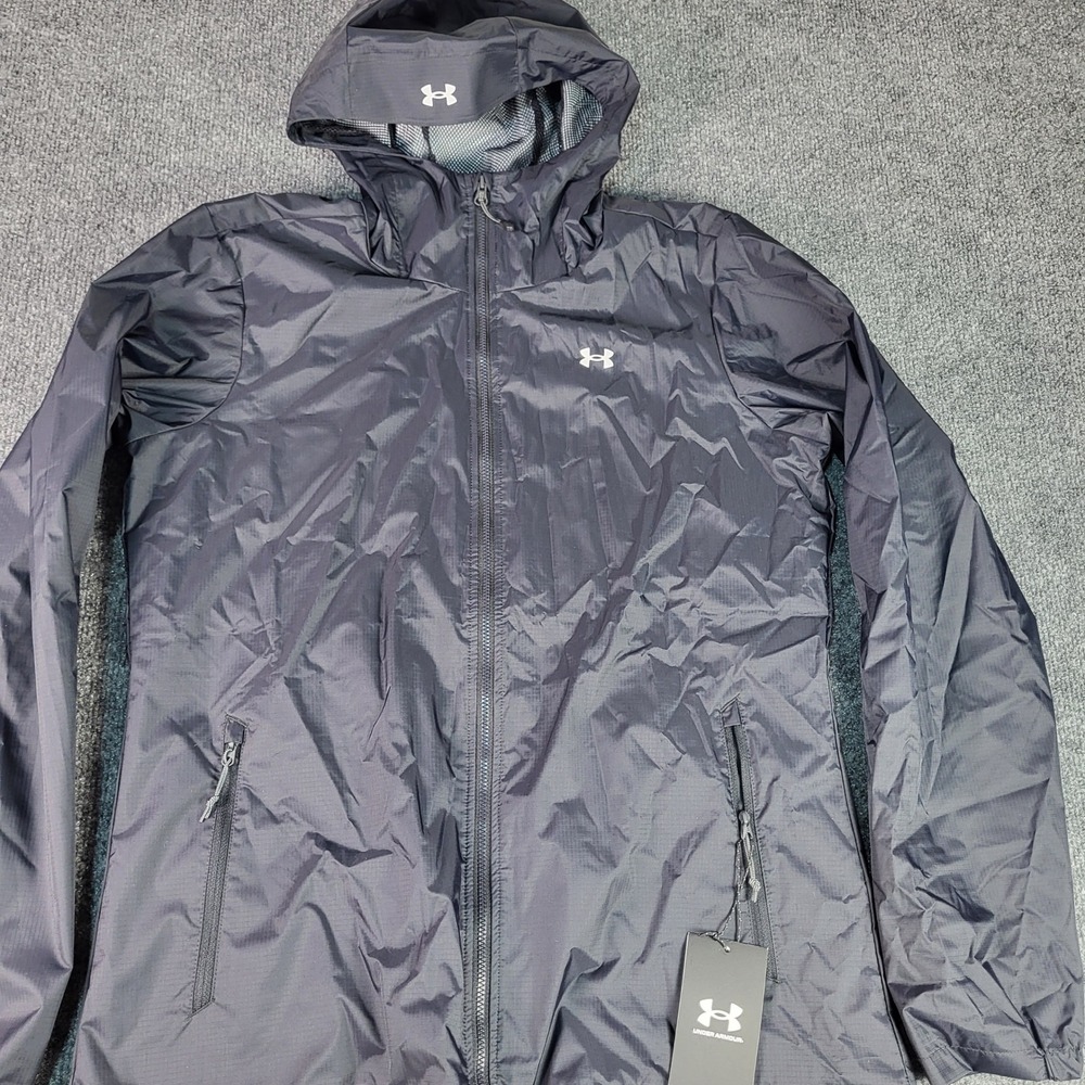 Under Armour Womens Forefront Rain Jacket Black Hooded Full Zip 1321443 Size M
